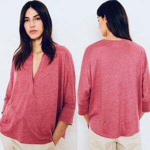 BA&SH 100% Linen Shirt Jexy Lady Pink V-Neck T-Shirt Elevated Basic Top Blouse 6